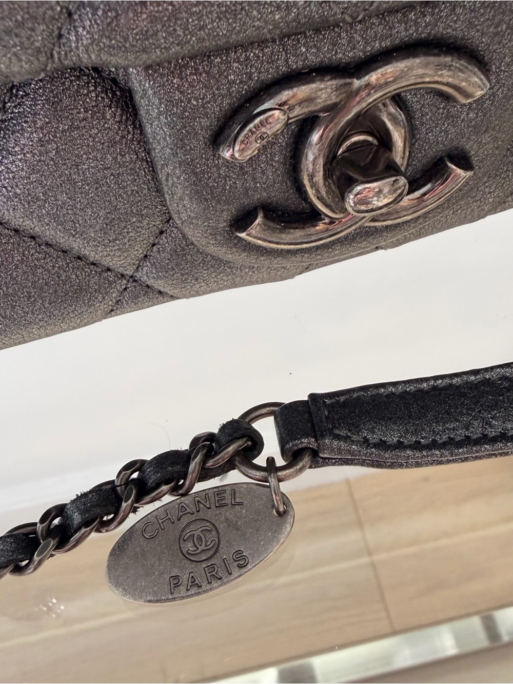Authentic Chanel Classic Flap Bag Dark Silver Metallic Lambskin Silver Hardware - Picture 3 of 6